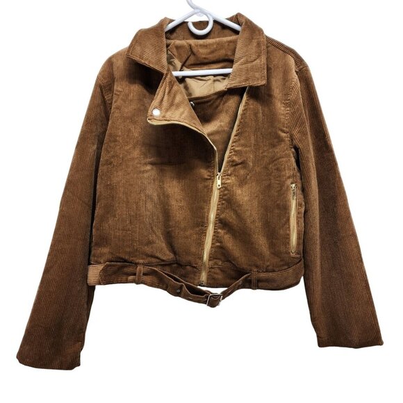 Brown Corduroy Moto Jacket With Belted Hem & Zip Pockets Size 2XL Womens - Picture 3 of 14